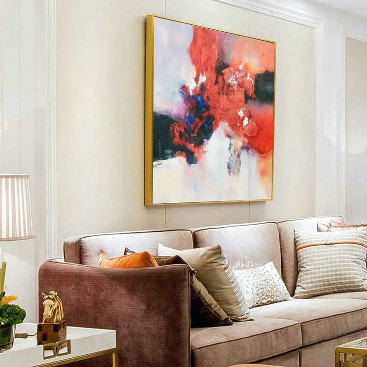 Red Original Dining Beige Contemporary Abstract Canvas Wall Art AWA8T